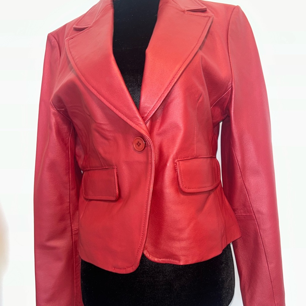 Vibrant Red Leather Jacket with Notched Lapels